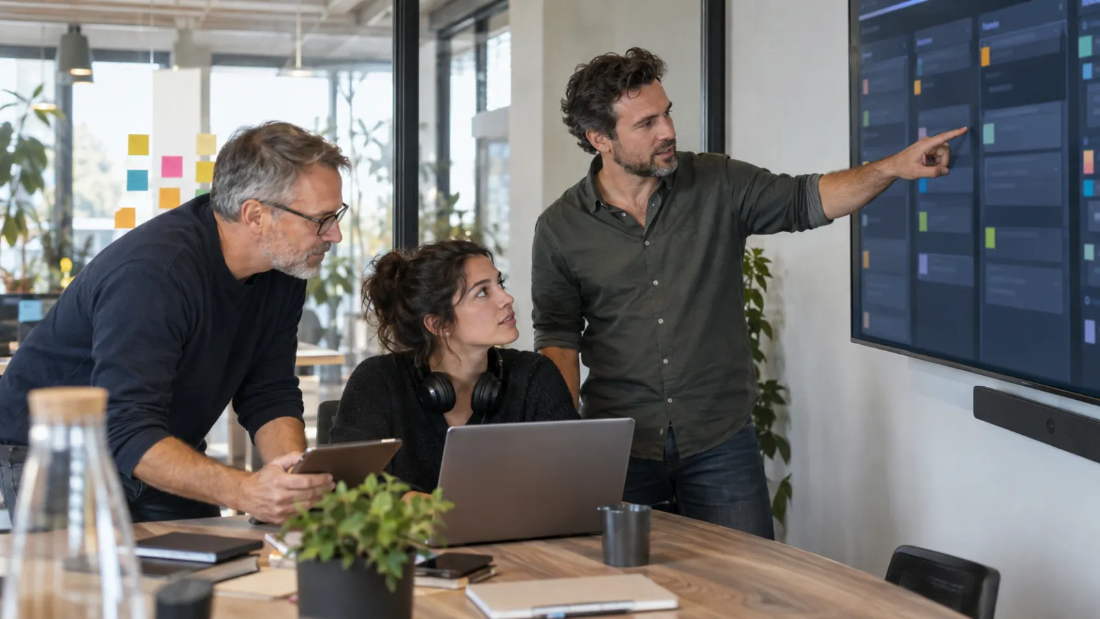 A tech lead points at the team's board on a wall display while a backend developer and a QA engineer follow.