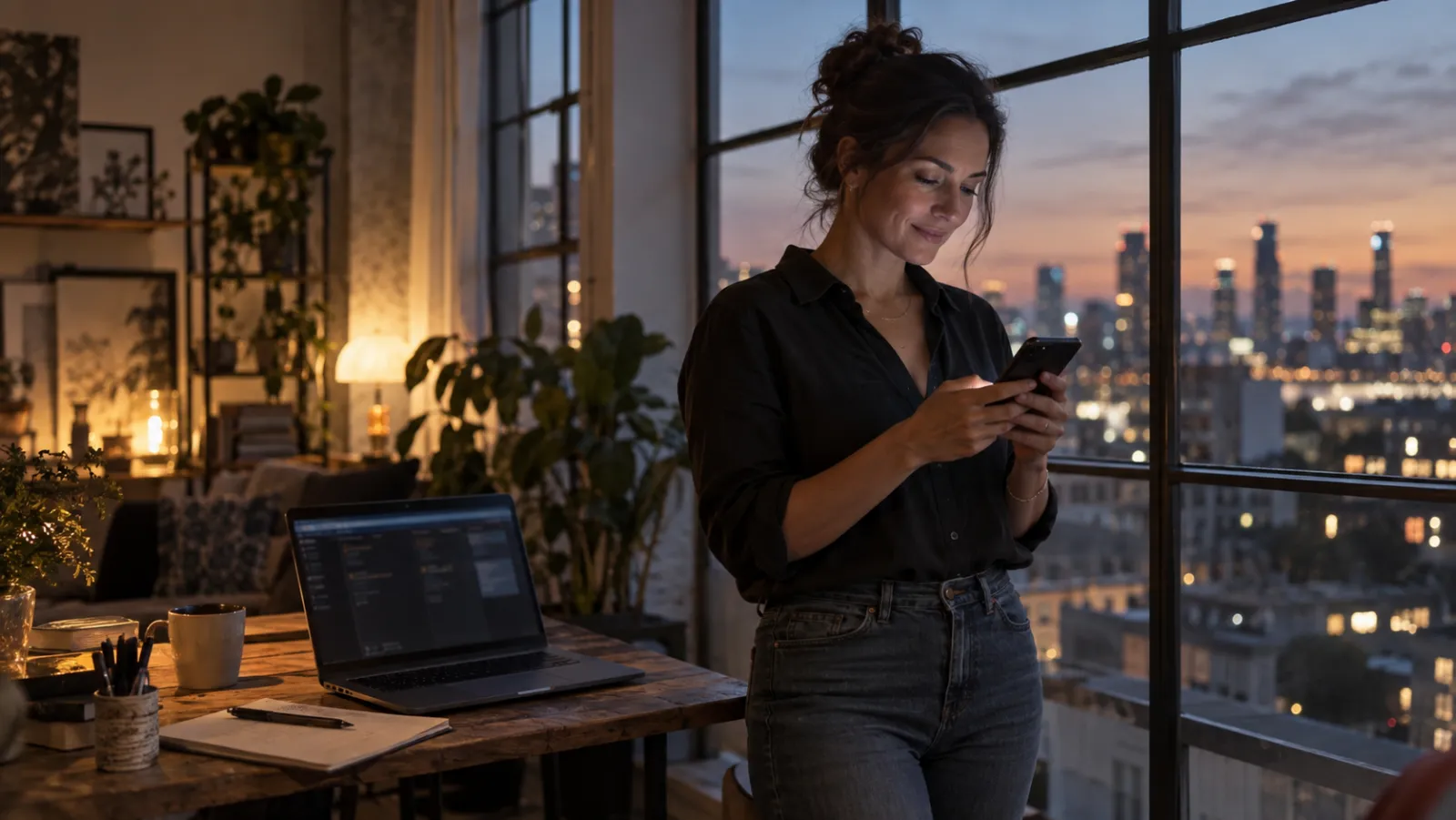 A founder by the window of her loft at dusk, reading an update on her phone with a smile.