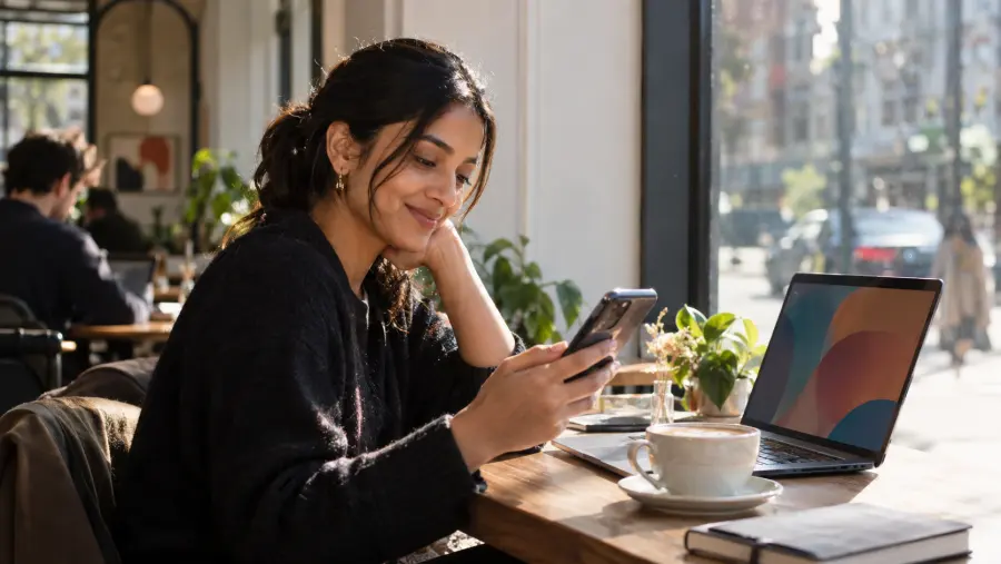 A founder in a café smiling at a message on a phone, with a laptop open alongside.