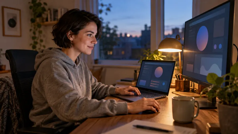 A developer at a home desk in the evening, working on a laptop and a large monitor.