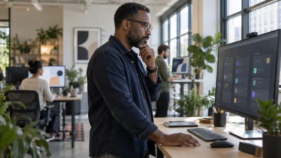 A tech lead at a standing desk, thinking over a task board on the monitor.