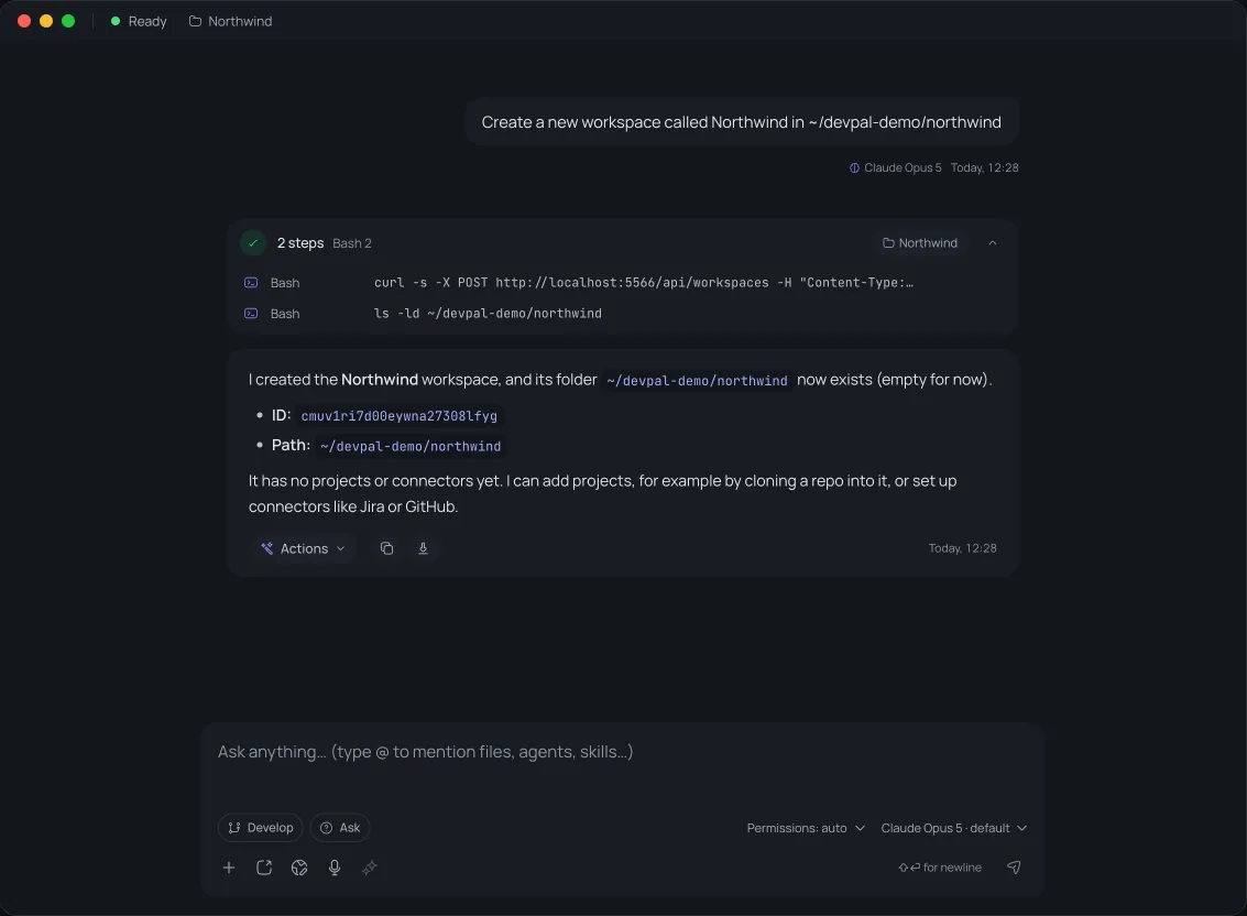 The chat: asked to create the Northwind workspace, Devpal ran two steps and reports the new workspace and its folder.