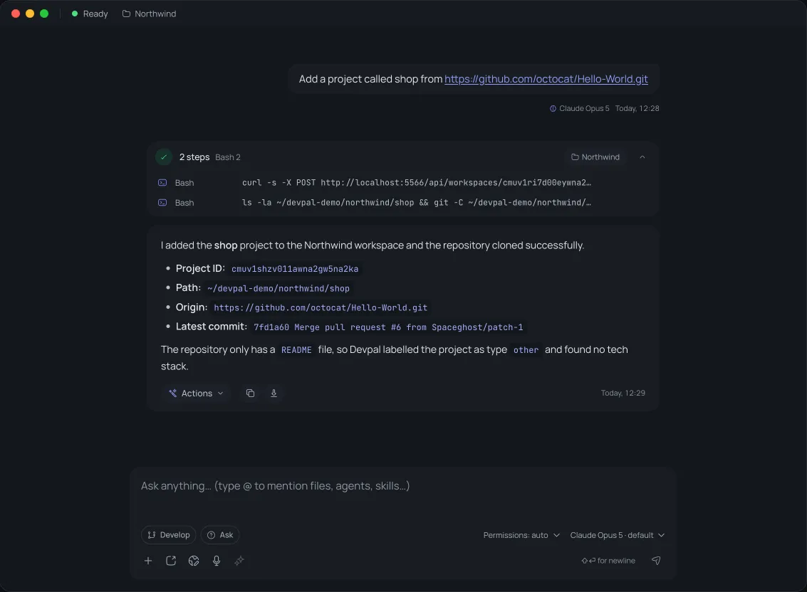 The chat: asked to add the shop project from a git URL, Devpal cloned the repository into the workspace and lists its path, origin and latest commit.