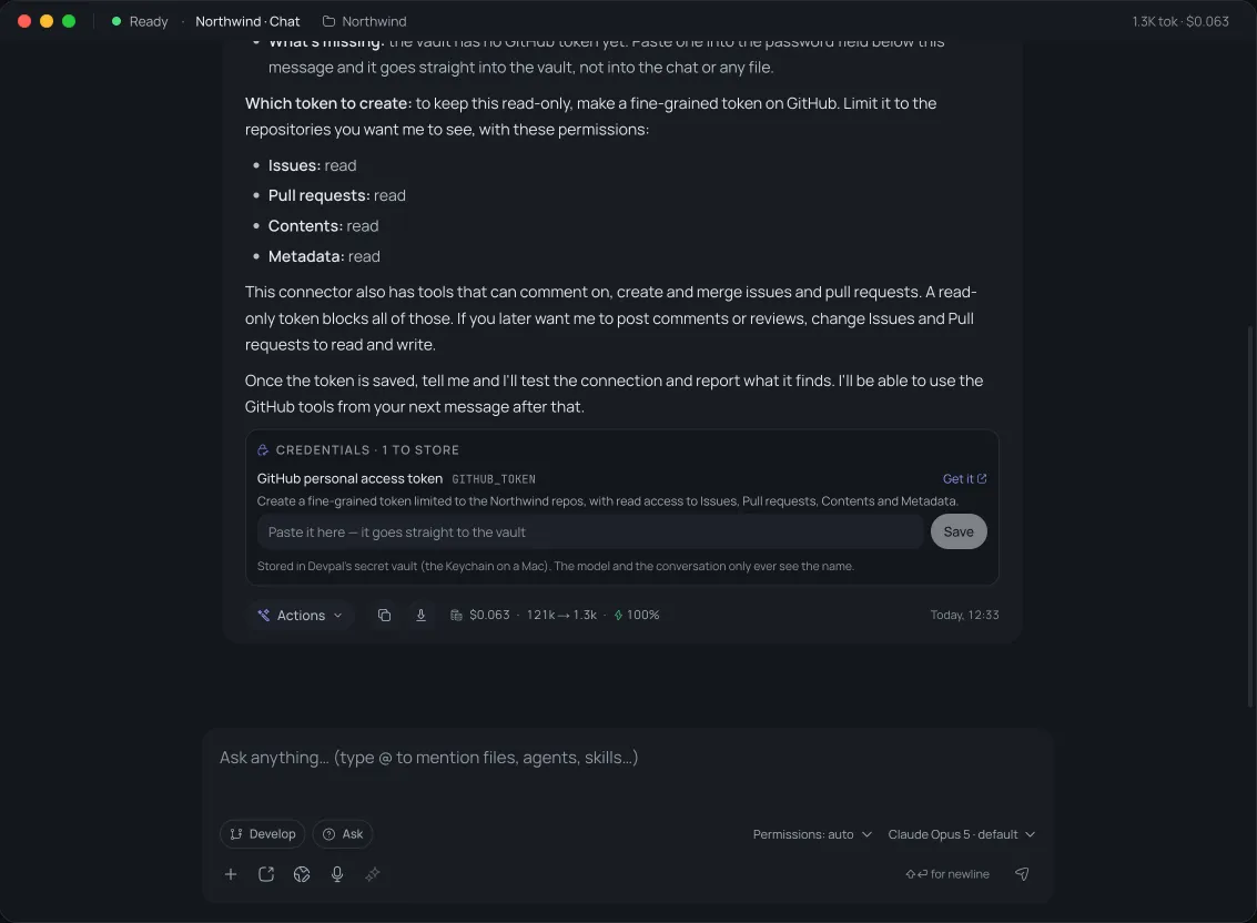 The chat: Devpal set up the GitHub connector, explains which read-only token to create, and shows a password field that stores GITHUB_TOKEN in the vault.