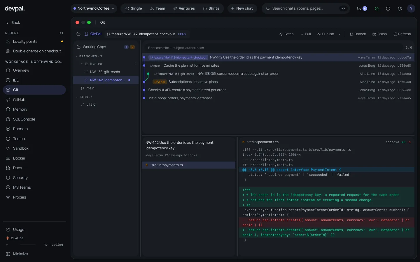 GitPal: the commit graph with a main branch, two feature branches and a tag, and the diff of the selected commit.