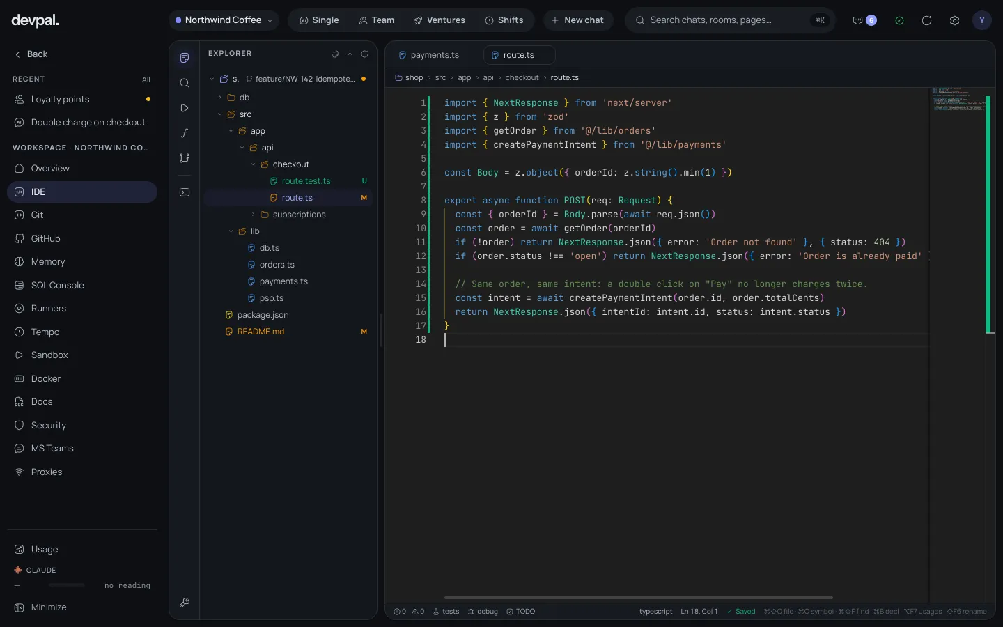 The Devpal IDE: an explorer with modified and new files marked, and the checkout route open in the editor.