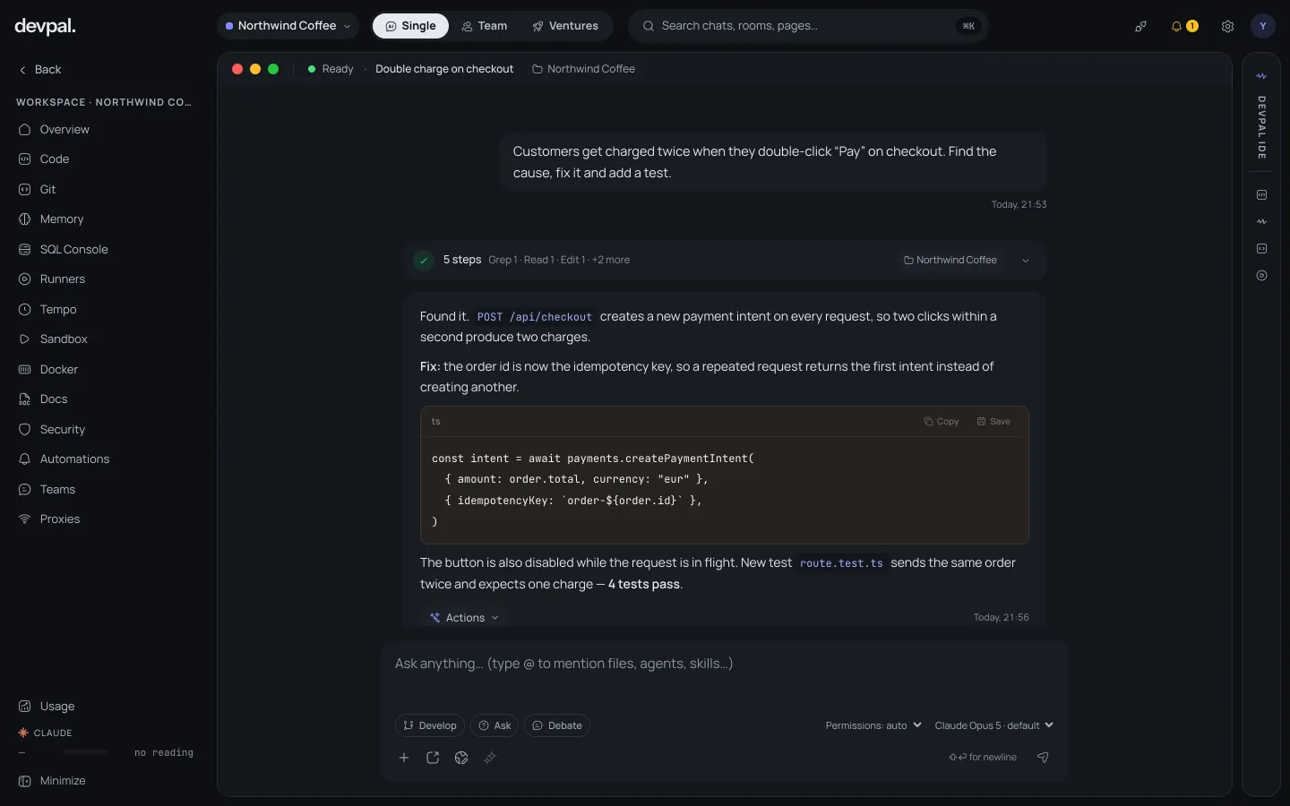 Devpal in Single mode: a chat where the agent found a double-charge bug, fixed it with an idempotency key and reports four passing tests.