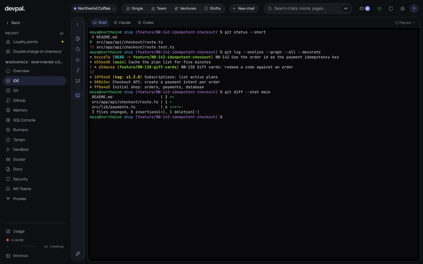 A shell in the workspace: git status, the branch graph and a diff summary, with tabs for Shell, Claude and Codex.
