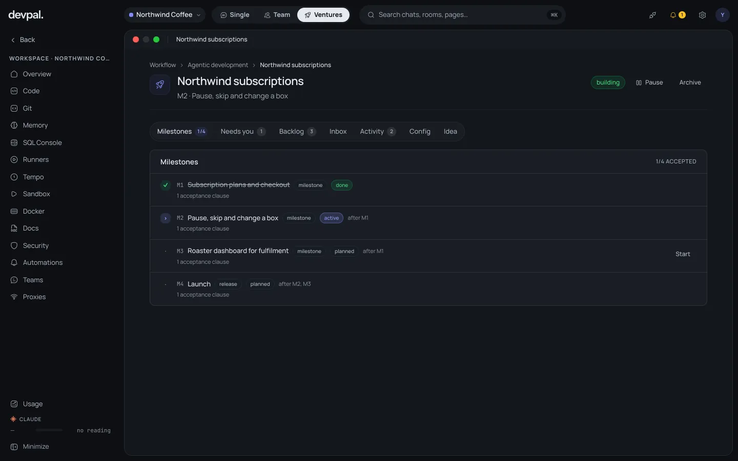 Ventures mode: four milestones, the first done, the second active, two planned.