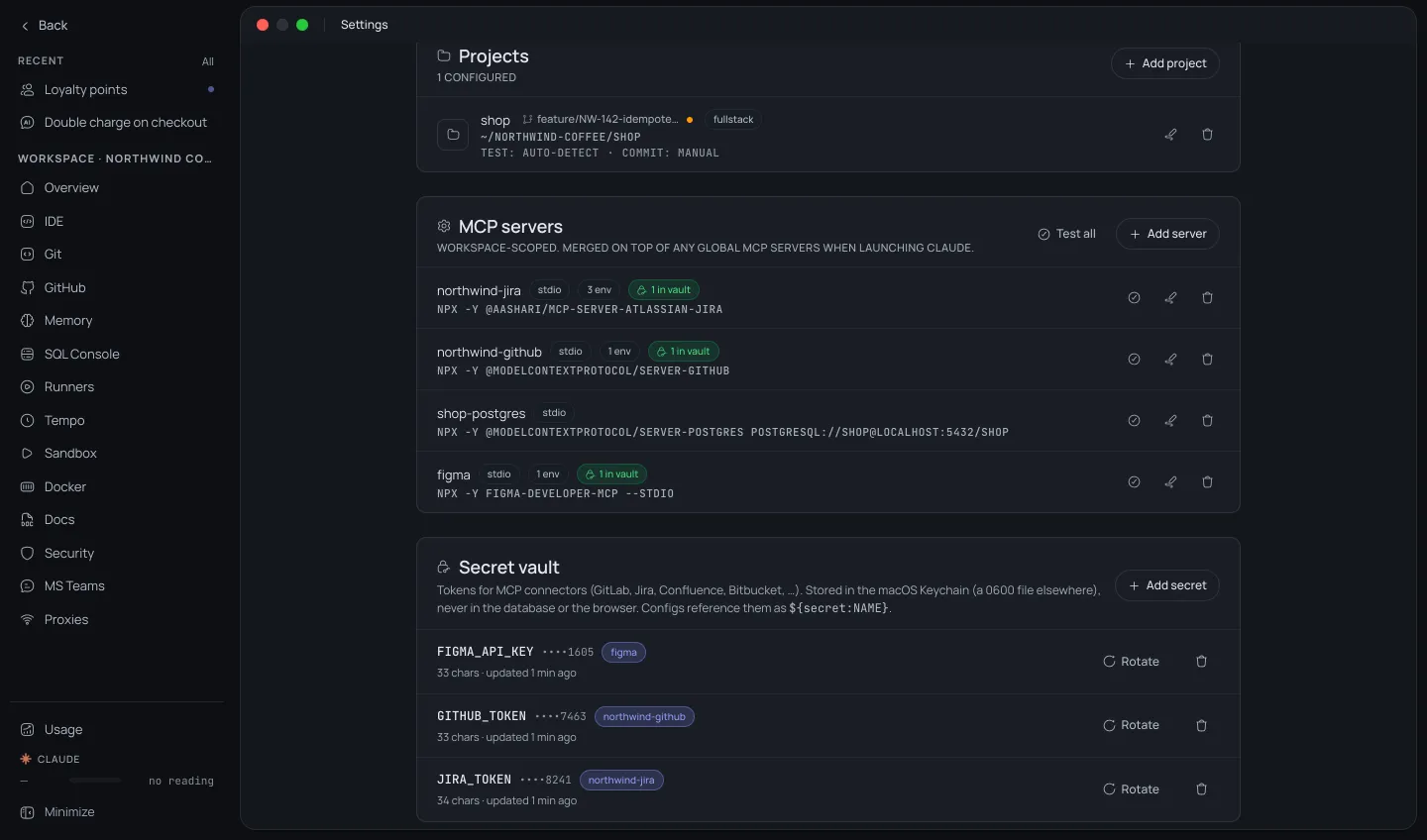 Workspace settings: the project, four workspace-scoped MCP servers with their tokens in the vault, and the secret vault listing those tokens by name.